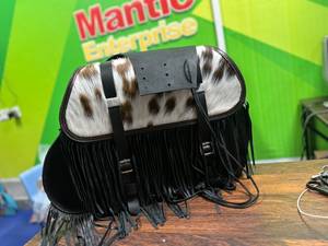 <b>Black</b> Leather Motorcycle Saddlebags with Hair-On Flaps, Fringe – Cruiser Panniers Large Capacity Leather Bag - Product Image 1