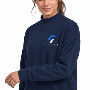 Custom <b>Women's</b> <b>Navy</b> Mock Neck 100% Cotton Full Sleeve Solid Knitted Breathable Eco-Friendly Windproof Winter Sweatshirt - Product Image 5