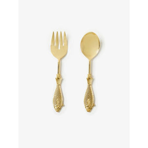 Lot de 2 cuillères de service modernes en acier inoxydable plaqué or avec manche en forme de poisson, finition laiton brossé - Product Image 1