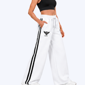 Pantalon de survêtement blanc pour femme, coupe large, avec bandes latérales noires, taille haute, cordon de serrage, poches, vêtement de sport, coupe ample - Product Image 3