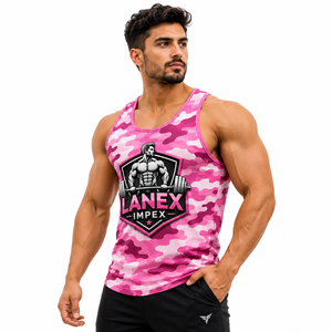 Custom Men's Pink Camo Gym Tank Top Sublimation Fitness Stringer Vest Bodybuilding Sleeveless Workout Training Sports Apparel - Product Image 1