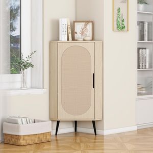 Mobiletto Angolare Autoportante per Spazi Ristretti, con Ante in Rattan, per Soggiorno, Cucina, Bagno - Product Image 1