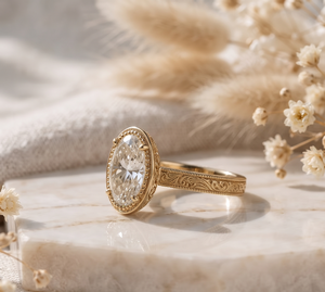 Bague de fiançailles ovale en moissanite en or jaune 18 carats haut de gamme avec sangle gravée et milgrain vintage, bijoux de luxe raffinés - Product Image 3