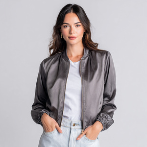 Crew Neck Satin Jackets Women Crew Neck Zipper Silk Satin Jacket Women's Wholesale Slim Fit Satin <b>Coat</b> Jacket Tops Ladies - Product Image 4