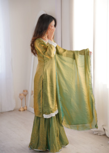 Elegant Fendy <b>Silk</b> <b>Kurta</b> Sharara Ensemble With Lace Neck Design Flowing Bottom Coordinated Dupatta Womens Occasion Fashion - Product Image 5