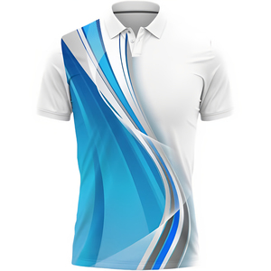 เสื้อโปโลแขนสั้นพิมพ์ลายสีฟ้าขาวสำหรับผู้ชาย ผ้าถักโพลีเอสเตอร์ ระบายอากาศได้ดี ทรงปกติ ปกเสื้อพับได้ - Product Image 1