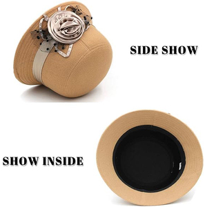 Chapeau Fedora en laine pour femmes, beige, avec fleur en soie et ruban, style européen, accessoire décontracté printemps-été - Product Image 2