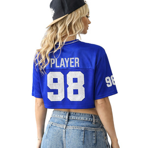 Trendy <b>Hip</b> Hop Lightweight Blue Cropped Mesh Boxy Women American Football Jersey Custom Number Print Sporty Drop Shoulder Tops - Product Image 2