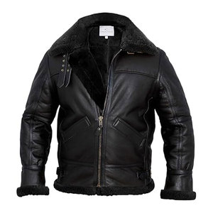 Chaqueta Bomber para Hombre, Chaqueta de Aviador con Forro de Piel de Oveja Auténtica, Chaqueta de Cuero para Invierno, Chaqueta de Piloto Negra con Cuello de Piel - Product Image 3