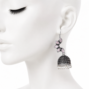Vintage Oxidized <b>Silver</b> Pink Marquise Stone Pearl Jhumka <b>Earrings</b> for Women | Handmade Boho Ethnic Indian Statement Jewelry - Product Image 6