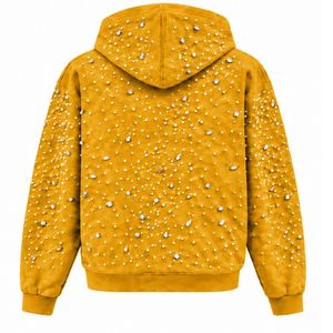 Sudadera con capucha y cremallera completa Mustard Gold Pearl, chaqueta estilo streetwear con perlas incrustadas, sudadera con capucha de manga larga con bolsillos frontales - Product Image 2