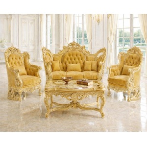 Luxury European Style 5 Seater <b>Sofa</b> Set in Gold Finish Teak Wood <b>Sofa</b> With Center Table Antique Style <b>Living</b> <b>Room</b> Collection USA - Product Image 1