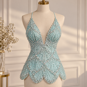 Elegant Women's Hand Embroidery Beaded Chiffon Halter <b>Top</b> Sleeveless <b>Party</b> Tank <b>Top</b> Geometric Pattern Spring Summer Fashion - Product Image 1