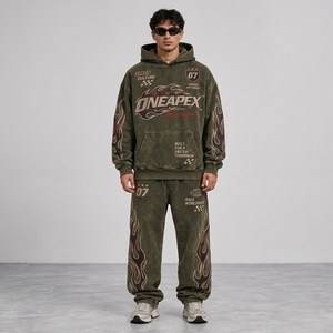 Ensemble de survêtement pour homme en coton épais, vert délavé à l'acide, avec sweat à capuche graphique et pantalon de jogging, style streetwear, vêtements personnalisés sous marque privée - Product Image 1