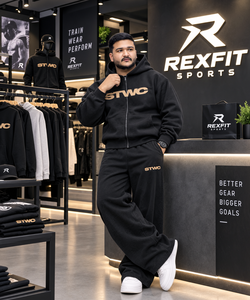 Ensemble survêtement streetwear oversize noir 450 GSM épais avec sweat à capuche zippé et pantalon de jogging, personnalisable par sérigraphie, OEM, marque privée - Product Image 1