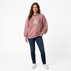 Women's Light Blue Embroidered Greek Letter <b>Crewneck</b> Sweatshirt Oversized Knitted Long Sleeve Autumn Wear - Product Image 2