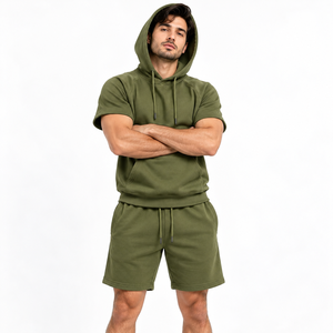 <b>Men's</b> Solid Olive Green Cotton <b>Short</b> Sleeve <b>Hoodie</b> <b>and</b> <b>Shorts</b> <b>Set</b> Custom Casual Tracksuit - Product Image 3