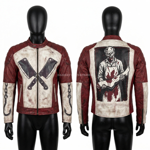 Chaqueta de cuero Zombie Butcher para hombre, personalizada, blanca con salpicaduras de sangre roja, estilo motero, con gráfico de cuchillo de carnicero, para motocicleta y ropa urbana. - Product Image 1