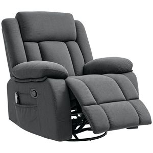 Poltrona Reclinabile Girevole Oversize in Grigio, con Funzione Riscaldante, Rivestimento in Vera Pelle, Poggiapiedi, Telecomando e Tasche Laterali - Product Image 1