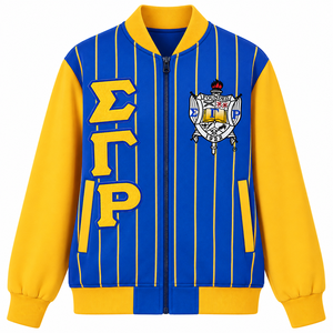 Chaqueta Varsity de Forro Polar Técnico con Rayas Azul Rey y Amarillo para Mujer, con Letras Bordadas en Chenille y Escudo, Cremallera Completa y Ribetes, Estilo Casual - Product Image 6