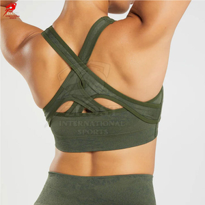 Soutien-gorge de sport sans coutures à maintien élevé pour femme, col en V, bretelles croisées, vert olive, respirant, extensible, Spandex/Nylon, uni, 6XL - Product Image 2