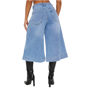 Jean en denim délavé léger pour femme, coupe large, taille haute, décontracté, ample, longueur complète, classique, cinq poches, bleu tendance - Product Image 2