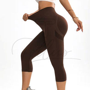 High Waist Ribbed Capri Yoga <b>Leggings</b> With Mesh Panels Seamless Stretchy Workout Pants Solid Color Knee Length Tights - Product Image 2