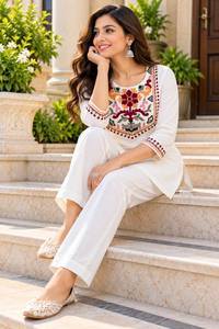 White Embroidered Straight <b>Kurta</b> with Palazzo Pants <b>Indian</b> Ethnic Set - Product Image 2