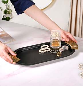 Modern <b>Black</b> Solid Oval Polished Metal Decorative Eco-Friendly <b>Serving</b> <b>Tray</b> Ribbed Handle Dishwasher Safe for Hotel Restaurant - Product Image 3