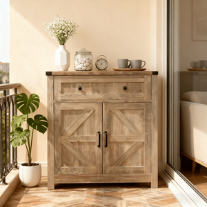 Mobiletto/Credenza Grigio Chiaro in Legno Lavato Stile Rustico con Ante Scorrevoli, Cassetto e Bar Caffè per Cucina e Soggiorno - Product Image 5