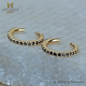 Manchette d'oreille en or jaune 14 carats avec diamant noir naturel, design de créateur, unisexe, bijoux fins, manchette d'oreille sans perçage - Product Image 6