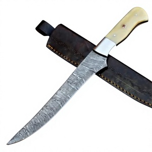 Cuchillo de Filetear de Acero de Damasco Forjado a Mano de 12 Pulgadas con Punta Curva |   Cuchillas de afeitar afiladas con mango de hueso de camello y cubierta de latón, servicio OEM - Product Image 1