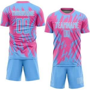 Conjunto de Uniforme de Fútbol Sublimado Personalizado, Rosa y Azul, Manga Corta, Absorbente de Humedad, Unisex, para Adultos, con Nombre del Equipo y Logotipo Impresos - Product Image 1
