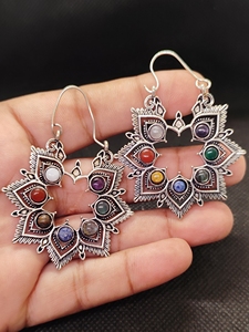 Handmade 7 Chakra Brass <b>Earrings</b> | Natural Gemstone Gold Plated Brass Dangle <b>Earrings</b> | Healing Crystal Jewelry | Wholesale Jewe - Product Image 4