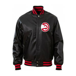 Blouson bomber noir pour homme – Blouson en cuir style Letterman avec fermeture à boutons-pression - Product Image 1