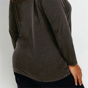 T-shirt décontracté pour femme, col rond, manches longues, 100% coton biologique, noir uni, coupe classique, tissu tricoté respirant, été - Product Image 3