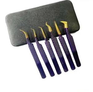 Juego de Pinzas para Extensión de Pestañas de Color Morado, Punta Recta y Curva, Acero Inoxidable, 6 Piezas, Herramienta Profesional para Pestañas - Product Image 1