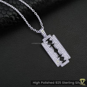 Designer Razor Blade Pendant <b>Necklace</b> With Moissanite Diamonds <b>Solid</b> <b>Silver</b> Iced Out Streetwear Jewelry Style - Product Image 3