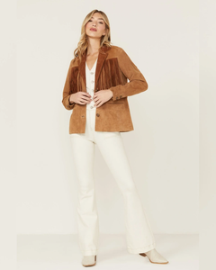 Tan <b>Suede</b> Leather Blazer Women Fringe Yoke Genuine <b>Suede</b> Western <b>Jacket</b> Notch Lapel Button Front Tailored Cowgirl Coat - Product Image 3