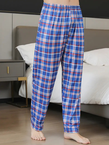 Wholesale Custom LOGO Blue Multicolor Plaid <b>Men's</b> <b>Pajama</b> Pants Drawstring Casual <b>Men's</b> <b>Flannel</b> Trousers - Product Image 4