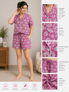 ชุดนอนผ้าฝ้ายพิมพ์ลายด้วยมือสำหรับผู้หญิง - ชุดนอนกางเกงขาสั้นและเสื้อพิมพ์ลายดอกไม้แบบชัยปุระ - ชุดนอนระบายอากาศสำหรับฤดูร้อน ขายส่ง - Product Image 2