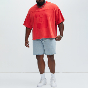 Summer T-shirt 100% Cotton Printed Washed Distress Red Eco-Friendly Breathable Men's Short Sleeve Graphic Number Oversize Shirt - Product Image 4