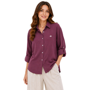 Camisa de mujer extragrande con botones, logotipo personalizado, corte holgado, informal, manga tres cuartos enrollable, cuello vuelto de algodón - Product Image 1