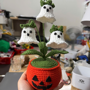 Maceta de Tulipán Fantasma de Ganchillo de Tela de Algodón para Halloween, Muñeco de Peluche Hecho a Mano, Planta en Maceta, Decoración de Estilo Clásico Adorable, Regalo para Escritorio - Product Image 4