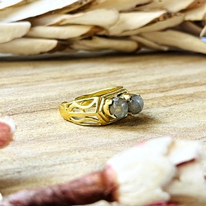 Anillo de Oro con Ágata Musgosa de Diseño Único Silver Eye, Joyería Boho de Latón para Mujer, Chapado en Oro de 18k, Vintage, con Dos Piedras, de Tercera Marca - Product Image 3