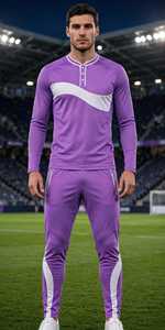 Ensemble de survêtement pour homme, couleur violette, respirant, haut à manches longues avec col boutonné, pantalon long, sportif - Product Image 3