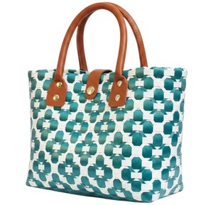 Elegant Teal Floral Woven Plastic Handbag And Handmade <b>Bag</b> With Premium Leather Handles For Women <b>Summer</b> <b>Tote</b> - Product Image 1