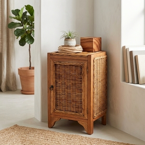 New Modern Minimalist Kanawa Wooden Storage <b>Cabinet</b> Natural Rattan Wicker <b>Corner</b> Door Side Table Storage Unit Living Room Bed - Product Image 2