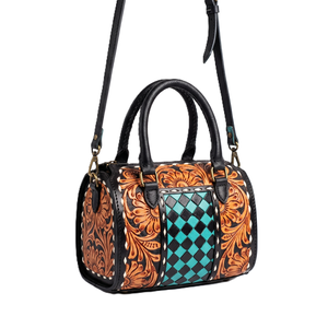 Bolsa de Viaje de Cuero Genuino de Lujo, 7 Pulgadas, Diseño Floral Naranja y Azul Verdoso a Cuadros, Cierre de Cremallera, Hecha a Mano - Product Image 2
