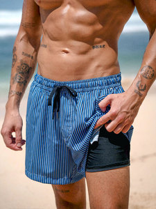Bañador con estampado geométrico para hombre, pantalones cortos de playa de secado rápido, diseño estampado azul de cintura media, pantalones cortos de baño ecológicos - Product Image 3